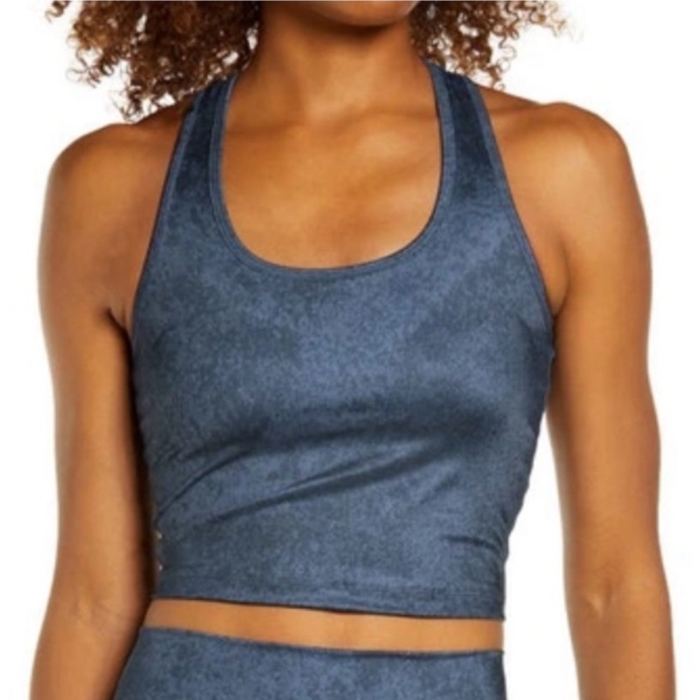 Beyond Yoga First Class Cropped Racerback Tank in Distressed Sheen Navy Blue XS